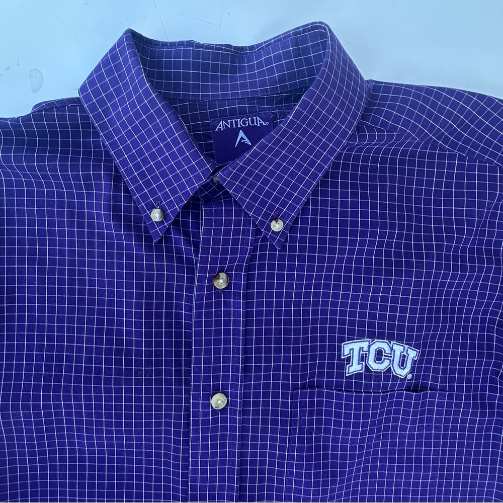 Antigua TCU Texas Christian University men's button down purple white checked M